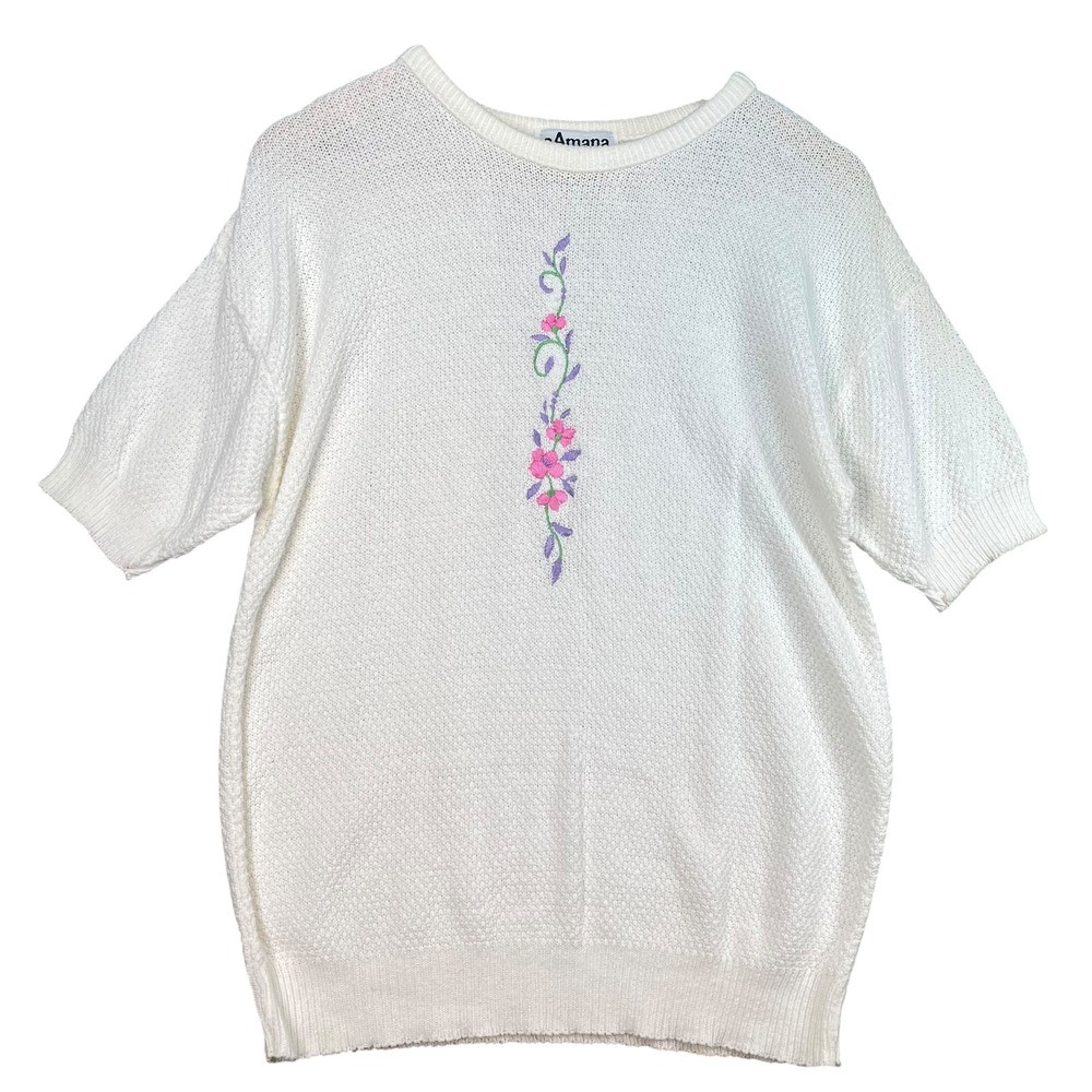 Vintage Amana White Knit Sweater Floral Embroidered‎ Cotton USA Made Medium